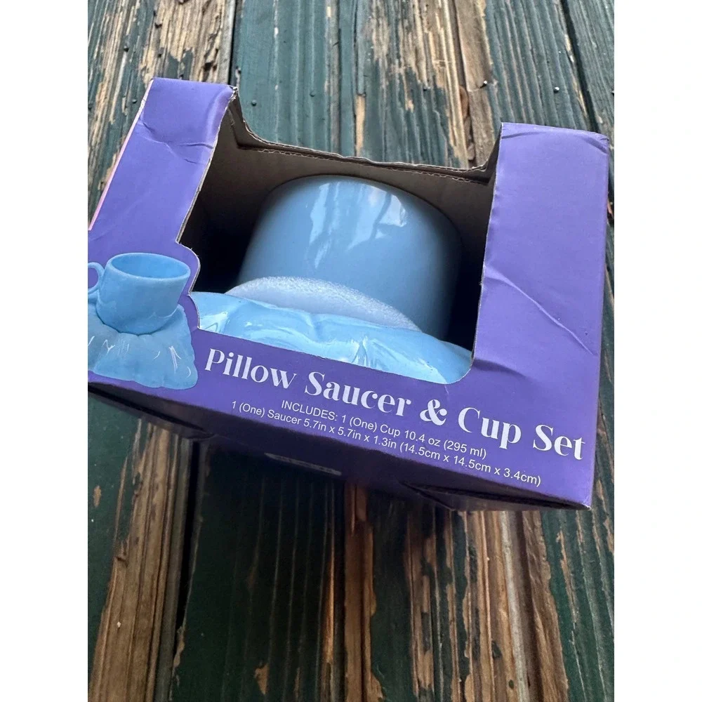 Cerra Light Blue Pillow Saucer‎ and Cup Set Ceramic Coffee Tea Mug 10.4oz